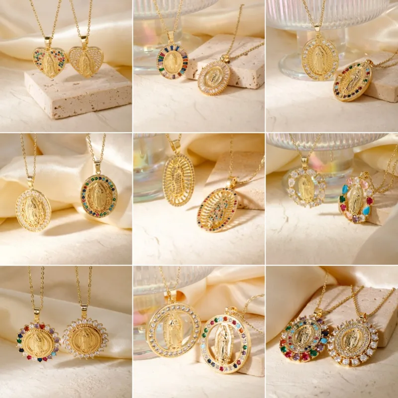 Wholesale PVD Coated K Gold Plated Virgin Mary Oval Heart Shape 304 Stainless Steel Copper Vintage Style Waterproof Non Tarnish Pendant Necklace