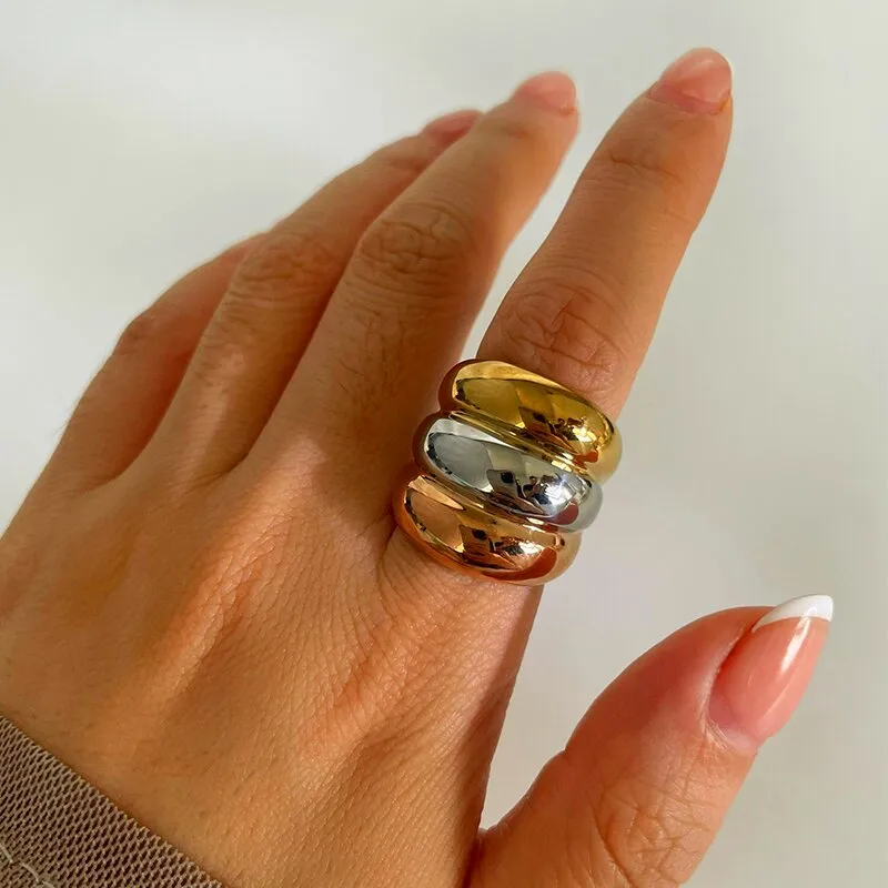 Wholesale 304 Stainless Steel Color Block Ion Plating (IP) Real Gold Plated Nordic Style Exaerated Waterproof Non Tarnish Irregular Multicolor Rings