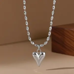 X01268-Rice Bead Peach Heart-Necklace-Steel Color