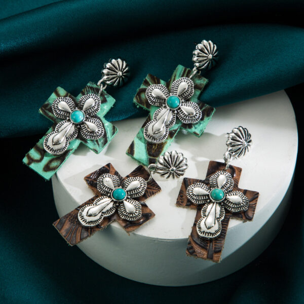 oly-2bab1fe0c7e77d78c5750ea2bee36e66 Wholesale Exaerated Cross Earrings with Inlaid Turquoise Leather