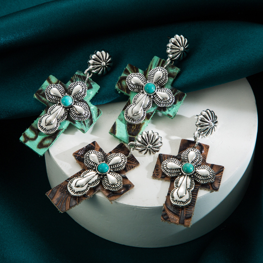 Wholesale Exaerated Cross Earrings with Inlaid Turquoise Leather
