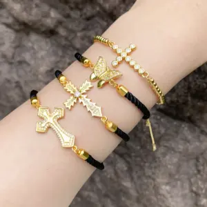 Wholesale Copper Vintage Style Cross Butterfly Inlay Zircon Bracelets