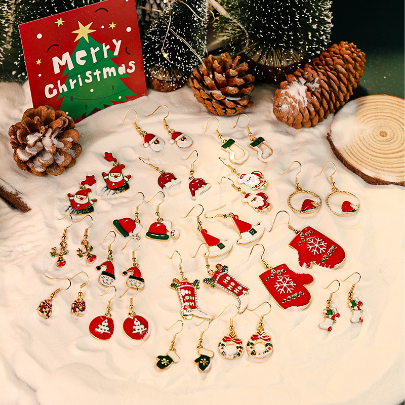 Wholesale Red and Green Snowman Christmas Hat Earrings