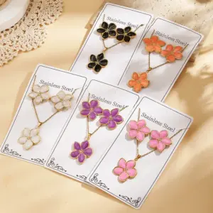 Trendy Fashion Ins Style Gold-Plated Imitation Gold 304 Stainless Steel Colorful Oil-Drip Flower Earrings Necklace Set