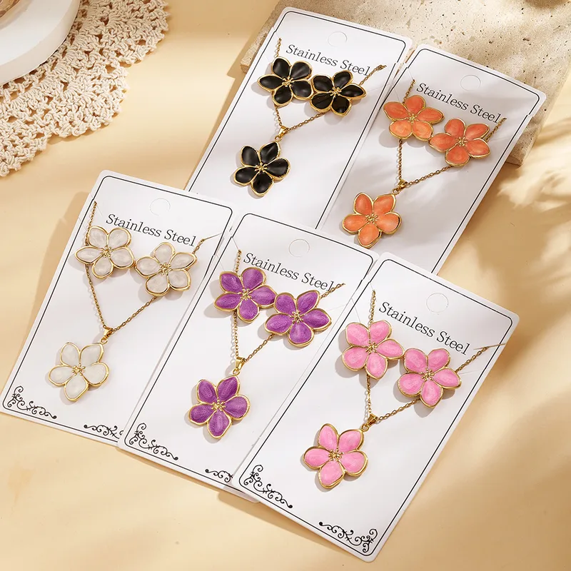 Wholesale Trendy Fashion Ins Style Gold-Plated Imitation Gold 304 Stainless Steel Colorful Oil-ip Flower Earrings Necklace Set