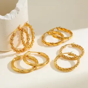 Wholesale Round Braided Vacuum Electroplating (In-Furnace) 18K Real Gold Plated 304 Stainless Steel No Inlay Material Hoop Earrings For Women