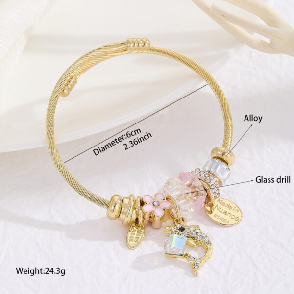 Wholesale European and American Hot Pandora Gold Stainless Steel Bracelet Women's Diamond-encrusted Fishtail Dolphin Alloy Pendant Adjustable Bracelet