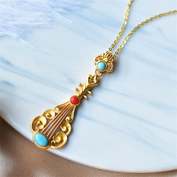 Wholesale Hot Selling Lao Thailand Saujin Inlaid Turquoise South Red Personalized Pipa Pendant Harp Pendant Temperament Clavicle Chain