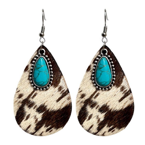 Wholesale Western Teardrop Turquoise Vintage Cow Pattern Leopard Print Earrings