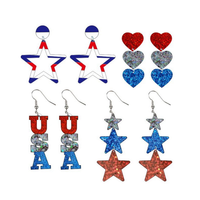 Wholesale Exaerated Independence Day Long Stripesd Acrylic Heart Five-inted Star Usa Ear Hook Earrings Small Earrings Earrings