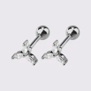 White Steel Three-Leaf Zircon Ear Studs