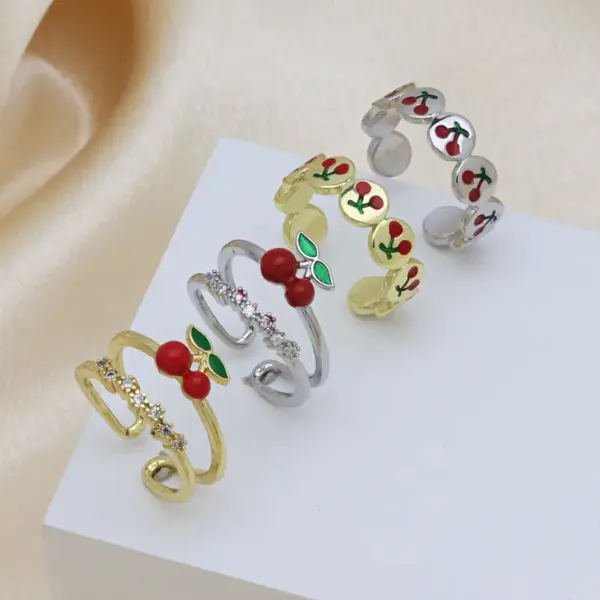 Wholesale Jewelry Cute Lady Cherry Copper 18K Gold Plated Enamel Open Rings