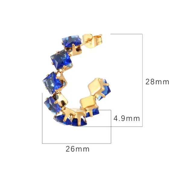 Wholesale 304 Stainless Steel C Shape Rhombus PVD Coated Zircon 18K Gold Plated IG Style Baroque Style Shiny Waterproof Non Tarnish Inlay Royal Blue Red Gold Ear Studs