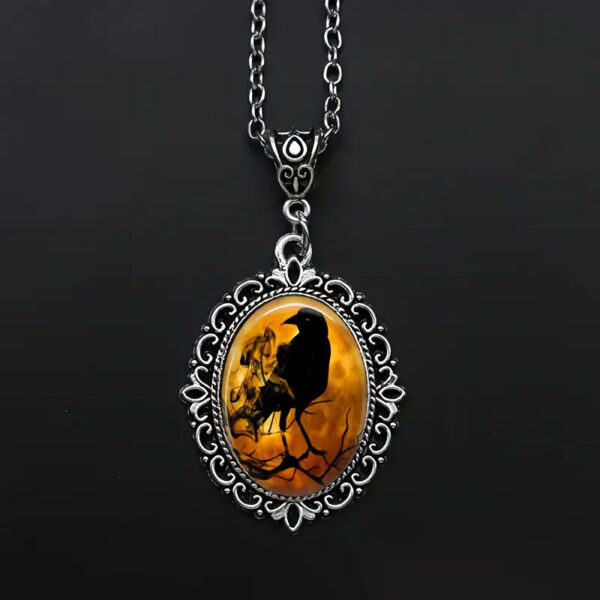 Wholesale 1 Pc Gothic Crow Oval Glass Pendant Necklace, Men Fashion Punk Style Jewelry Gift