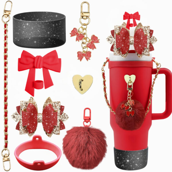 Wholesale stanley Cup Handheld Rope Silicone Cup Cover Straw Cap Bow Hanging Colorful Fluffy Ball Cup Chain Party Suit