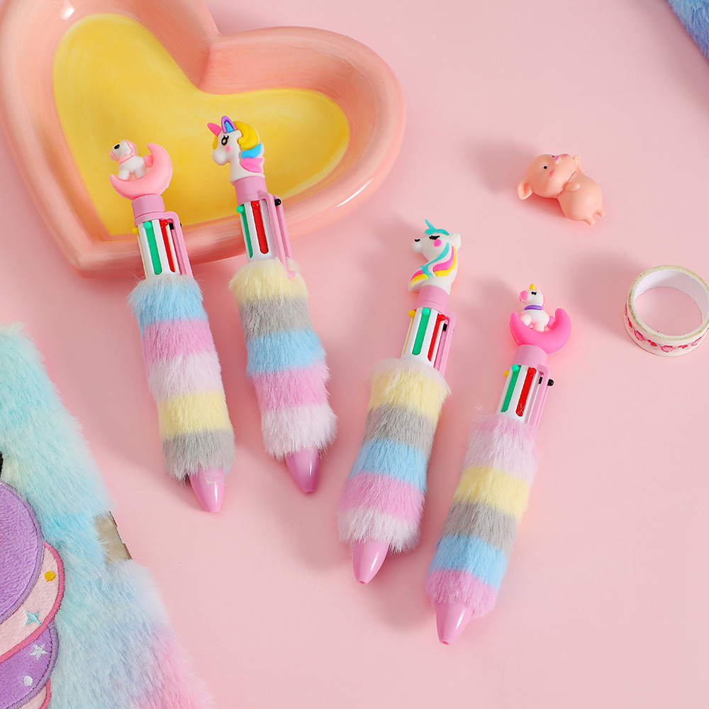 Wholesale Cartoon plush unicorn ballint pen push-type six-color writing pen