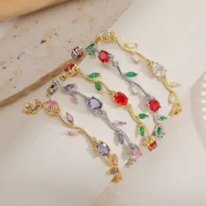 Wholesale Jewelry Elegant Luxurious Romantic Branches And Leaves Flower Copper Zircon 18K Gold Plated Plating Inlay Handmade Chain Bracelets