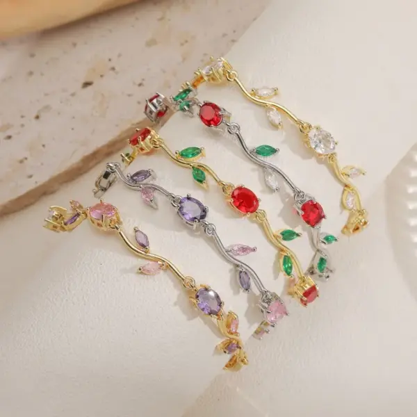 Wholesale Jewelry Elegant Luxurious Romantic Branches And Leaves Flower Copper Zircon 18K Gold Plated Plating Inlay Handmade Chain Bracelets