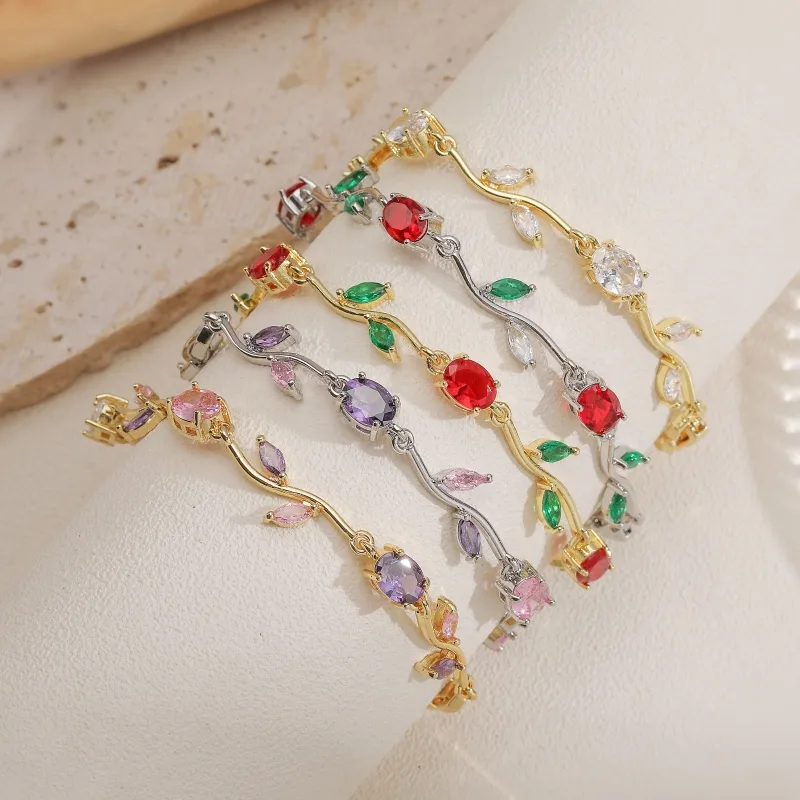 Wholesale Jewelry Elegant Luxurious Romantic Branches And Leaves Flower Copper Zircon 18K Gold Plated Plating Inlay Handmade Chain Bracelets