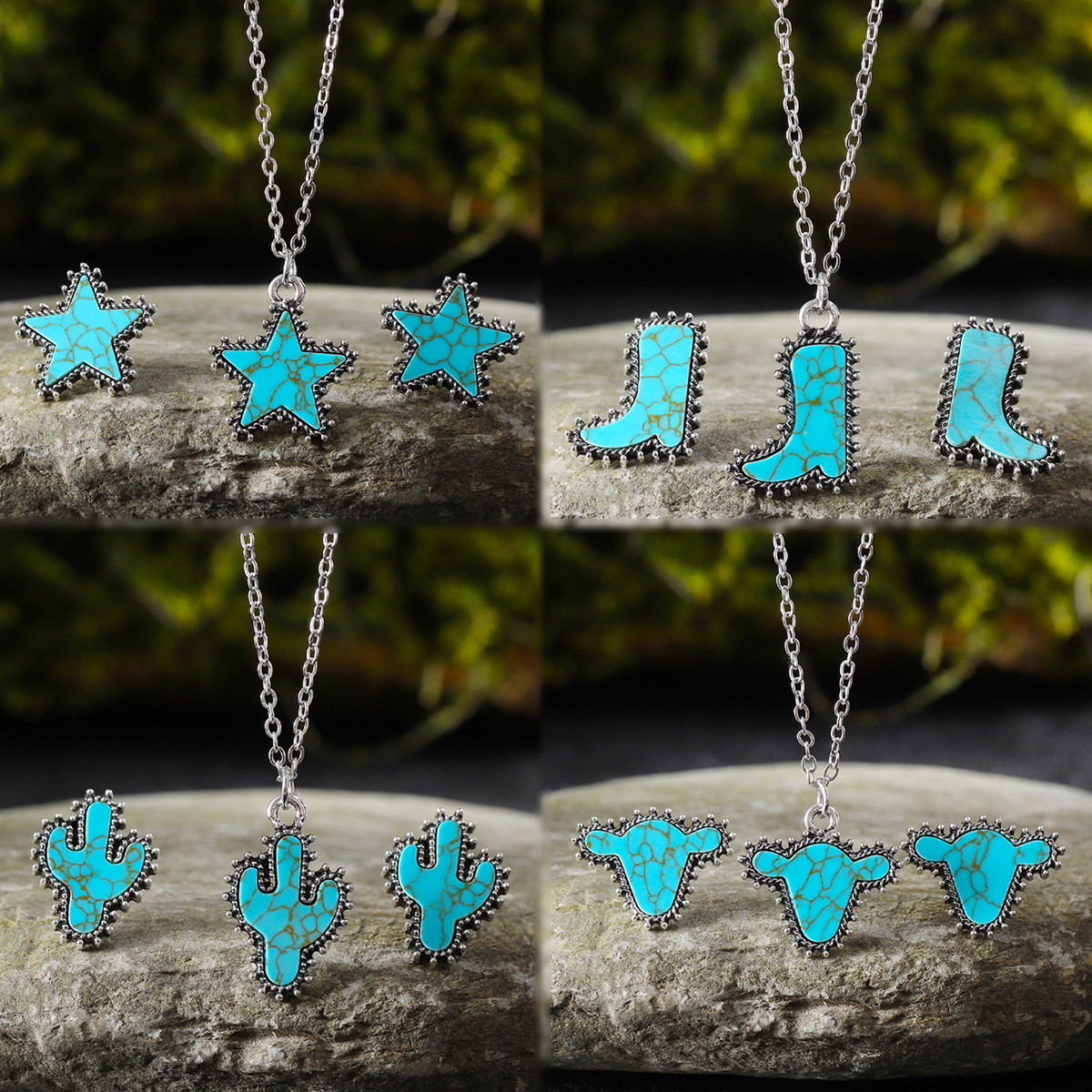 Wholesale Cross-Border Hot Selling Cactus Star Bull Head Heart Turquoise Earrings Necklace Set Simple Color Alloy Jewelry