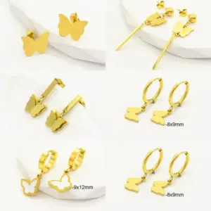 Wholesale 304 Stainless Steel Butterfly Bow Knot Ion Plating (IP) 18K Real Gold Plated Classic Style Waterproof Non Tarnish Enamel Three-dimensional Gold Steel Color Drop Earrings Ear Studs