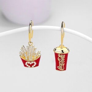 Silver ear hook: red oil + White Diamond/White Pearl fries + Cola earrings