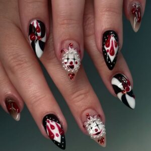 Wholesale Clown Almond Nail Tips Halloween Face Blood Drop Striped Diamond Pattern Nail Wearing