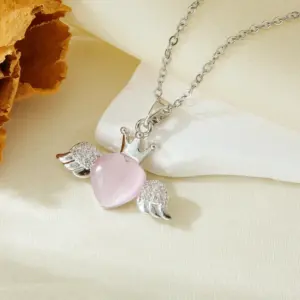 Silver Angel Crown Pink Stone Necklace T021