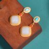 Wholesale Hotan Jade Earrings 925 Sterling Silver Geometric Diamond Earrings Jade Earrings Vintage Fashion Atmospheric Earrings Women's Mother