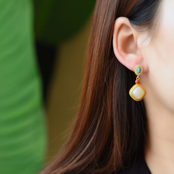 Wholesale Hotan Jade Earrings 925 Sterling Silver Geometric Diamond Earrings Jade Earrings Vintage Fashion Atmospheric Earrings Women's Mother