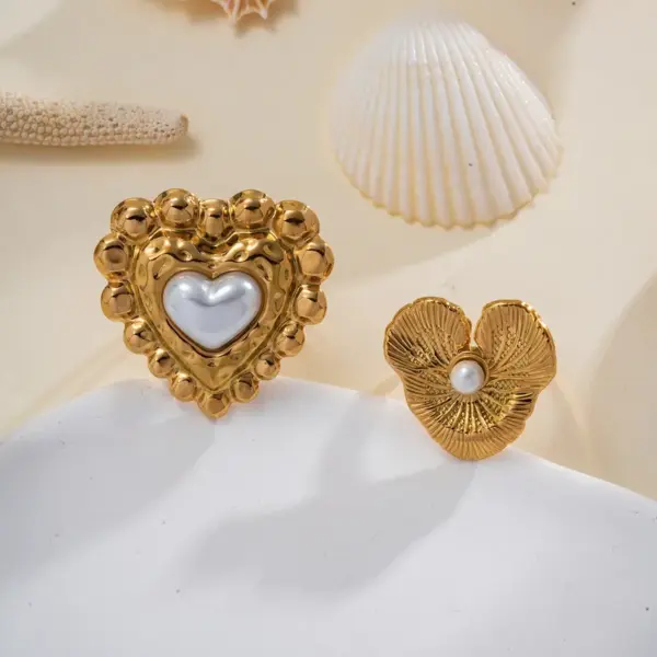 Wholesale Jewelry Elegant Cute Romantic Irregular Heart Shape Flower 304 Stainless Steel Imitation Pearl 18K Gold Plated Plating Inlay Open Rings