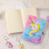 oly-2d9d225024a62da35c5fe956f6578252 Wholesale Silver-stamped unicorn plush tie-dye notebook with lock