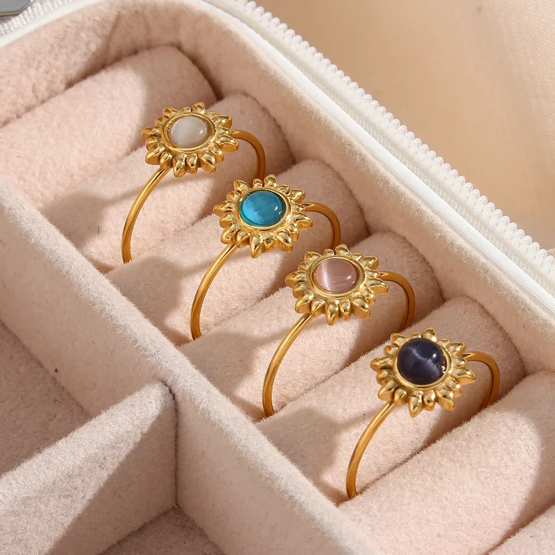 Wholesale PVD Coated Real Gold Plated 18K Gold Sun 304 Stainless Steel Fashion Waterproof Non Tarnish Open Rings