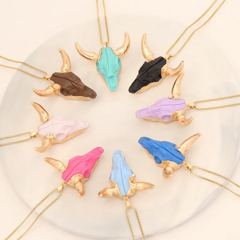 Wholesale Bohemian Cattle Stainless Steel Gold Plated Resin Pendant Necklace