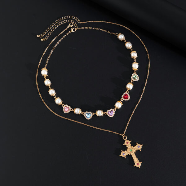 Wholesale Hip-Hop Niche Color Love Diamond Necklace Men's Fashion Personality Cross Pendant Collarbone Chain