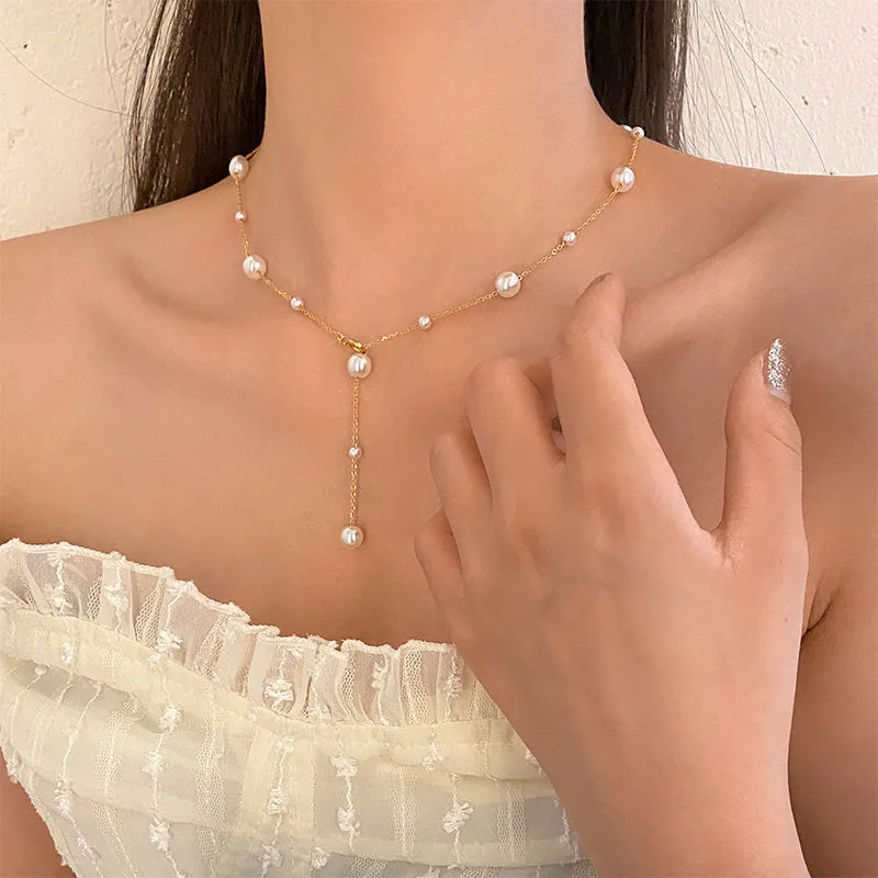 Wholesale Elegant Geometric Titanium Steel Tassel Artificial Pearls Necklace