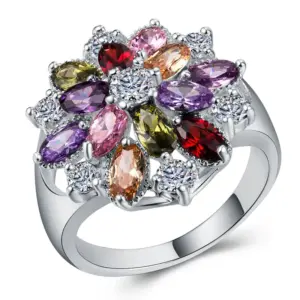 Wholesale Creative Fashion Copper Inlaid Color Zircon Flower Shape Ring