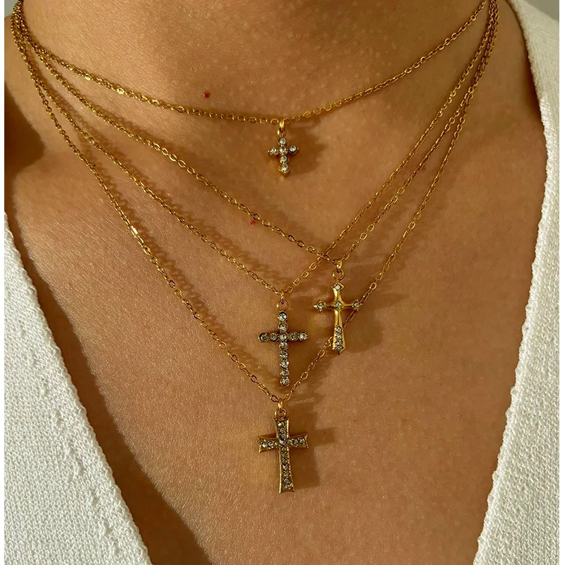 Wholesale 304 Stainless Steel Cross PVD Coated Rhinestones Real Gold Plated IG Style Japanese Style Commute Waterproof Non Tarnish Surgical Steel Cabl