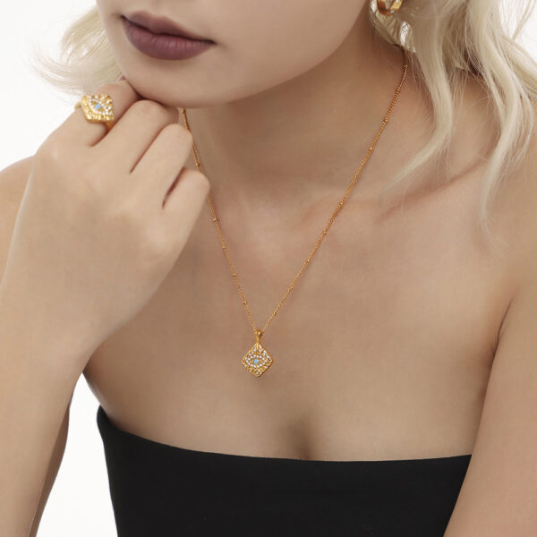 Wholesale INS Wind Magic Eye Diamond Block Pendant Collarbone Necklace Fashion Ring suit Titanium Steel PVD Plated 18K Gold