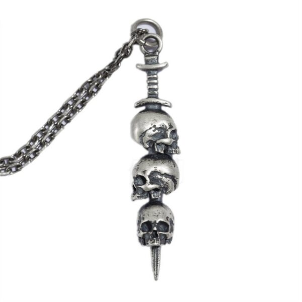 Wholesale Chiba Punk Style Thai Silver Pendant Necklace with Three Skull Pendants, Retro Personalized Sweater Chain Pendant