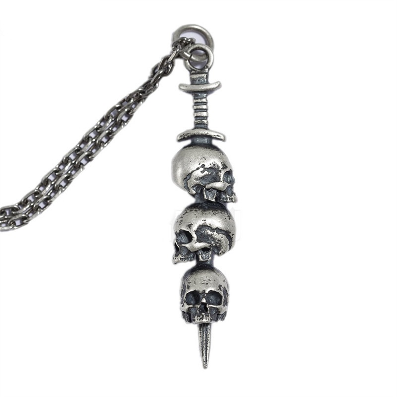 Wholesale Chiba Punk Style Thai Sier Pendant Necklace with Three Skull Pendants, Retro Personalized Sweater Chain Pendant