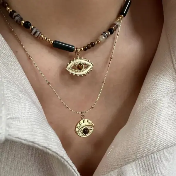 Wholesale 304 Stainless Steel Natural Stone Titanium Steel 14K Gold Plated Retro Ethnic Style Classic Style Plating Geometric Round Eye Rings Necklace