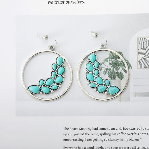 Wholesale New European and American Retro Cross-border Earrings Personalized Exaggerated Large Circle Leaves Turquoise Earrings Alloy Earrings