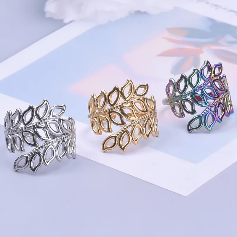 Wholesale PVD Coated Real Gold Plated Leaf 304 Stainless Steel Hip-Hop Waterproof Non Tarnish Open Ring