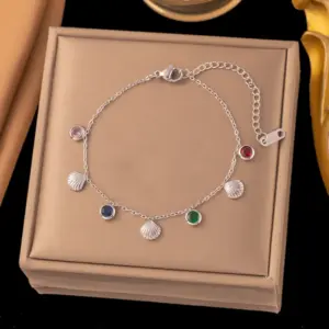 44【E2253】Color Stone Shell Bracelet / Steel Color