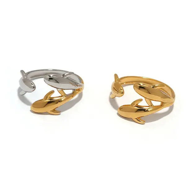 Wholesale PVD Coated Real Gold Plated 18K Gold Dolphin Fish 304 Stainless Steel Hawaiian Vacation Beach Waterproof Non Tarnish Open Rings