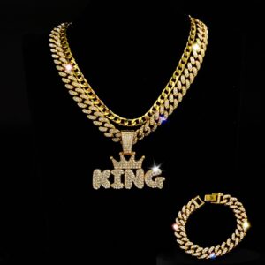 Wholesale Crown King Hip Hop Full Diamond Cuban Chain Bracelet Three-Piece Set
