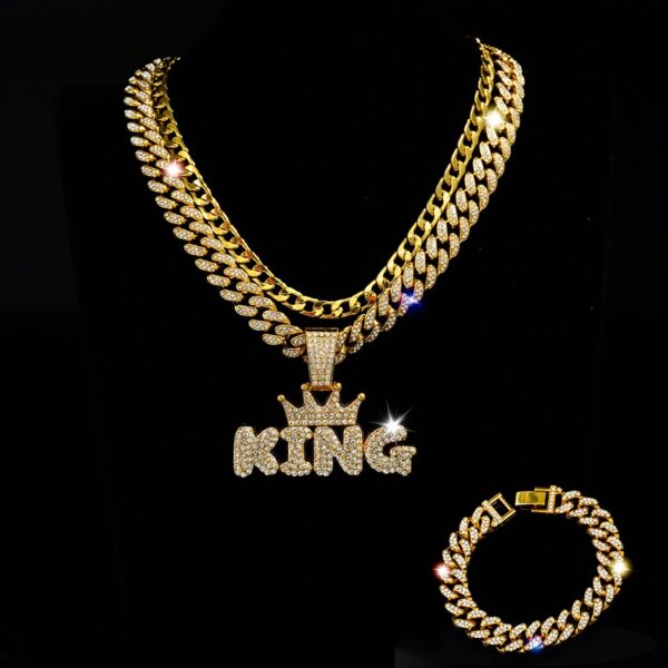 Wholesale Crown King Hip Hop Full Diamond Cuban Chain Bracelet Three-Piece Set