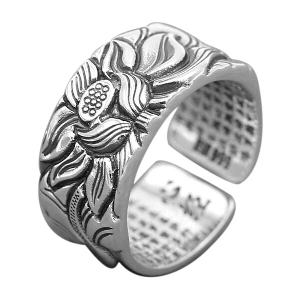 Wholesale Old silversmith 999 Thai silver Lotus self-discipline retro Heart Sutra ring men's and women's fashion National style living mouth food finger ring niche