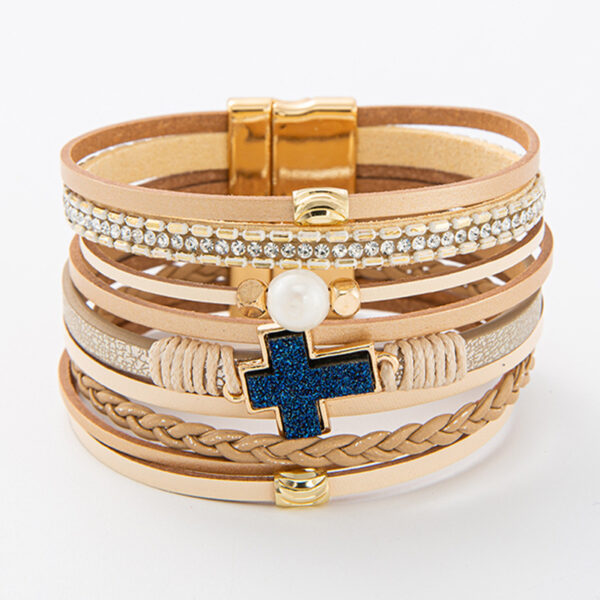 Wholesale Cross-border Hot Selling Jewelry Jewelry Bohemian Multi-layer Bracelet Woven Leather Cross Inlaid Pearl Bracelet